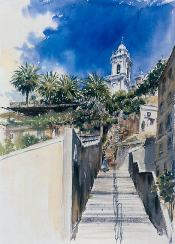 Stairways to Convento da Graça. Watercolour Print by John O'Connor.