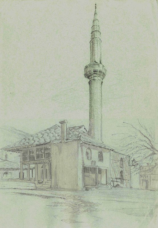 Mosque, Mostar, Pencil heightened with white, 39 x 27 cm