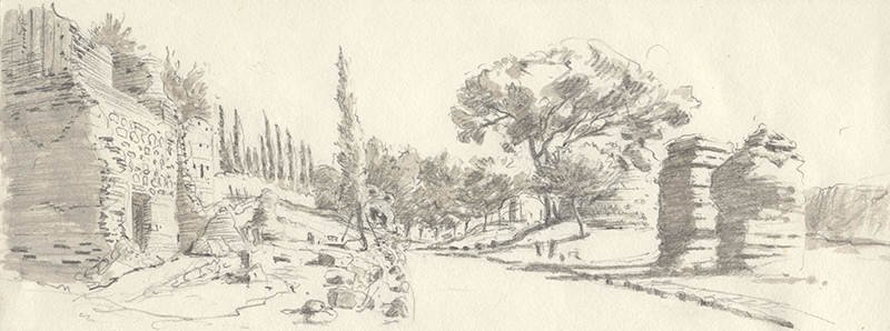 Via Appia Antica, Rome, Pencil and wash, 14 x 37 cm