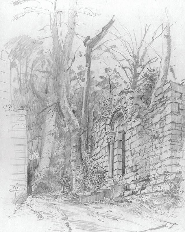 Ruined chapel, Sintra, Pencil and wash, 33 x 26 cm