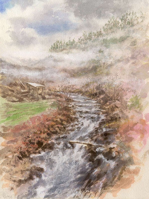 Misty morning, Mondego, Watercolour, 37 x 28 cm