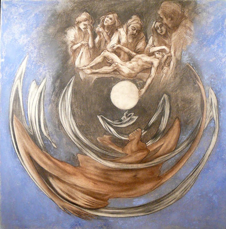 Entombment and Resurrection anamorphosis, Chalk, 75 x 74 cm