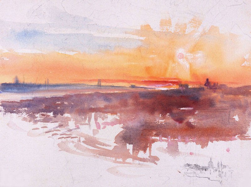 Lisbon, sunset over the Tagus, Watercolour, 30 x 22 cm