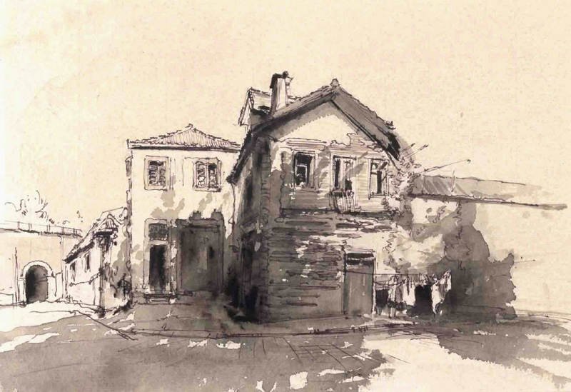 Old houses, Pen and ink with wash, 28 x 37 cm