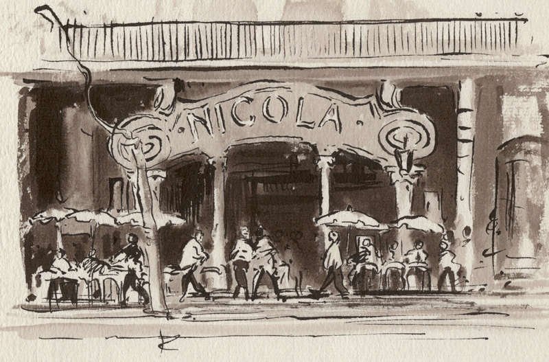 Café Nicola, Lisbon, Pen and ink with wash, 14 x 20 cm